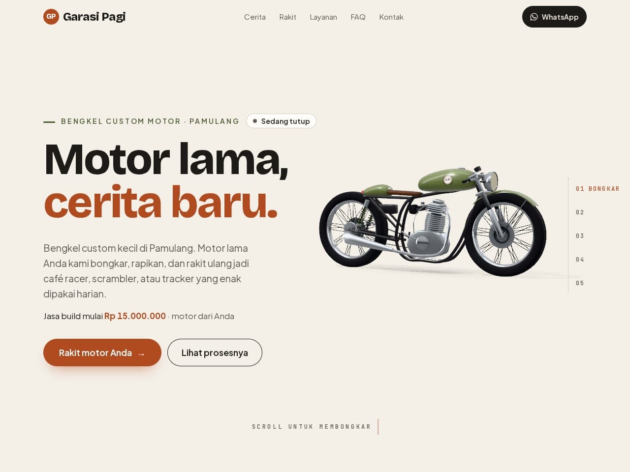 Tampilan website Garasi Pagi Custom