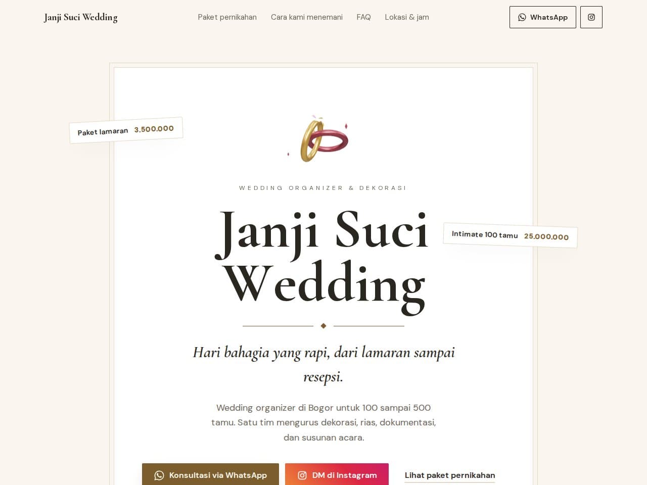 Tampilan website Janji Suci Wedding